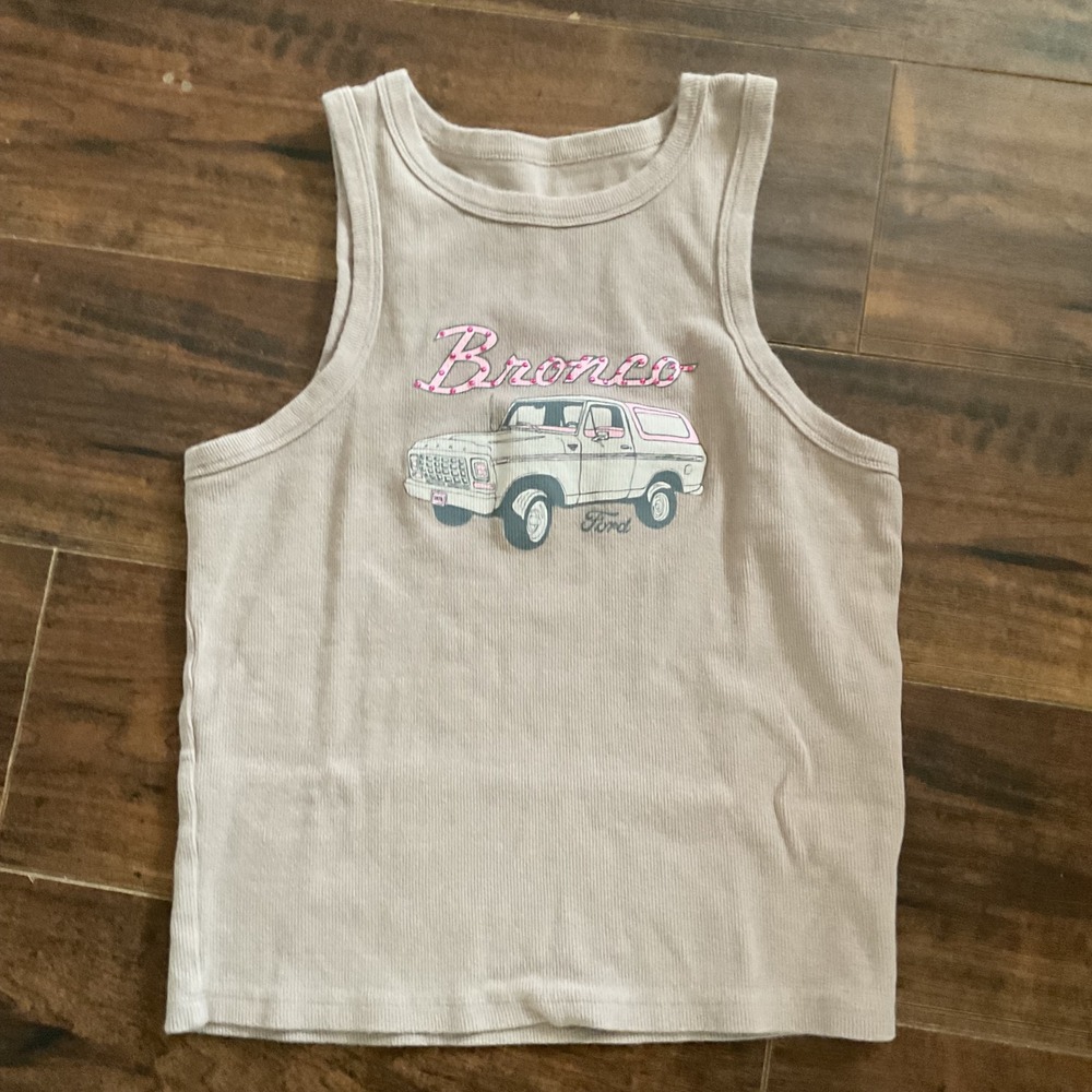Ford Bronco Graphic Ribbed Tank Top Tan Pink Rhinestone Sleeveless Small